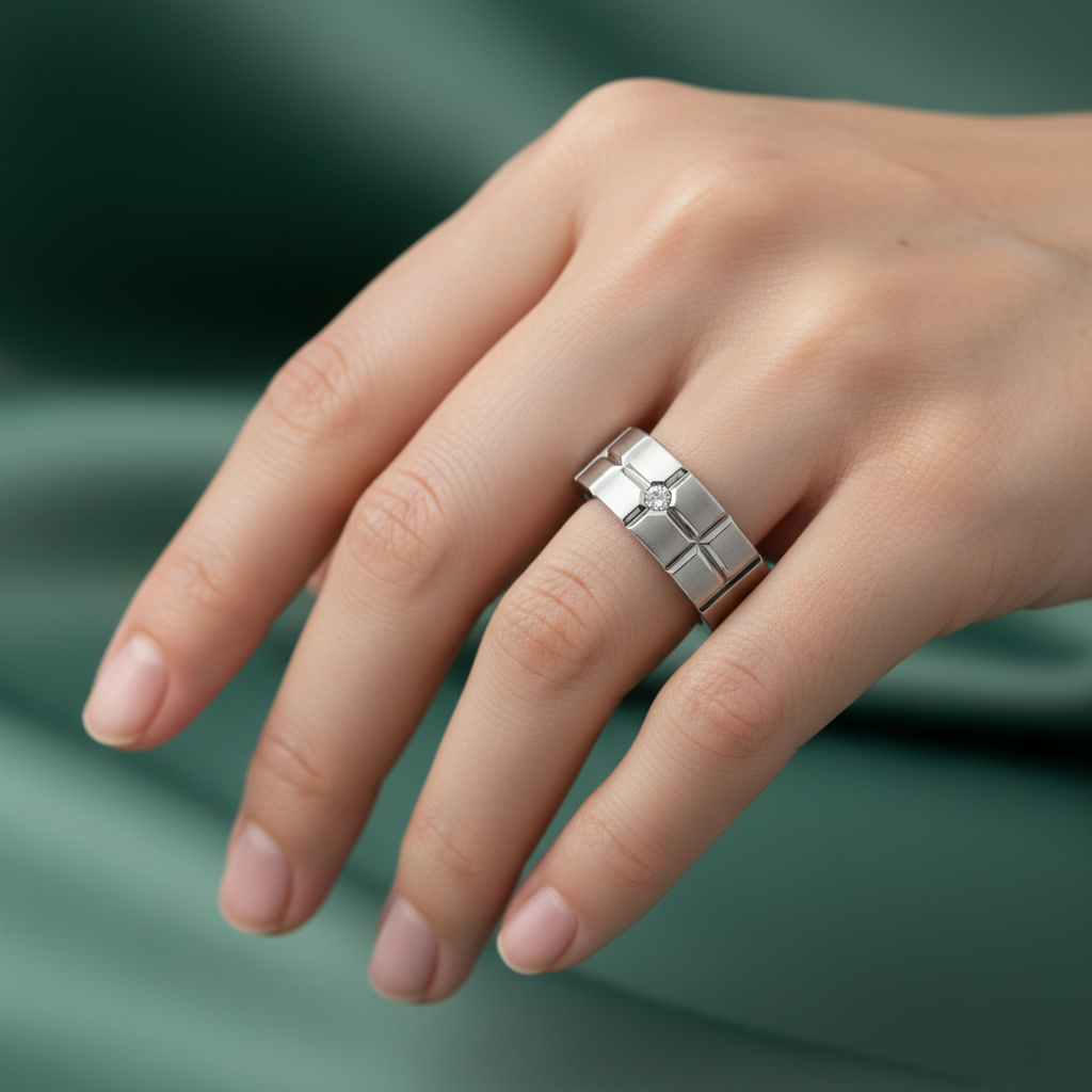 Titanium Matt with Brick Like Grooves Diamond 7mm Ring