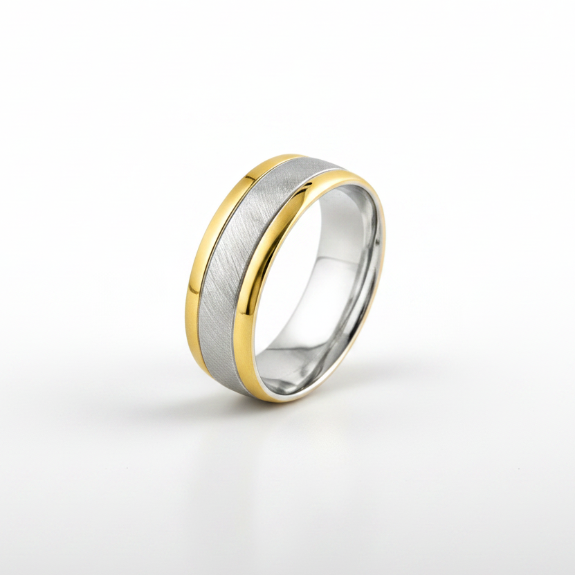 9ct Yellow Gold and Silver 925 Court Shape Matt Center 7mm Wedding Ring