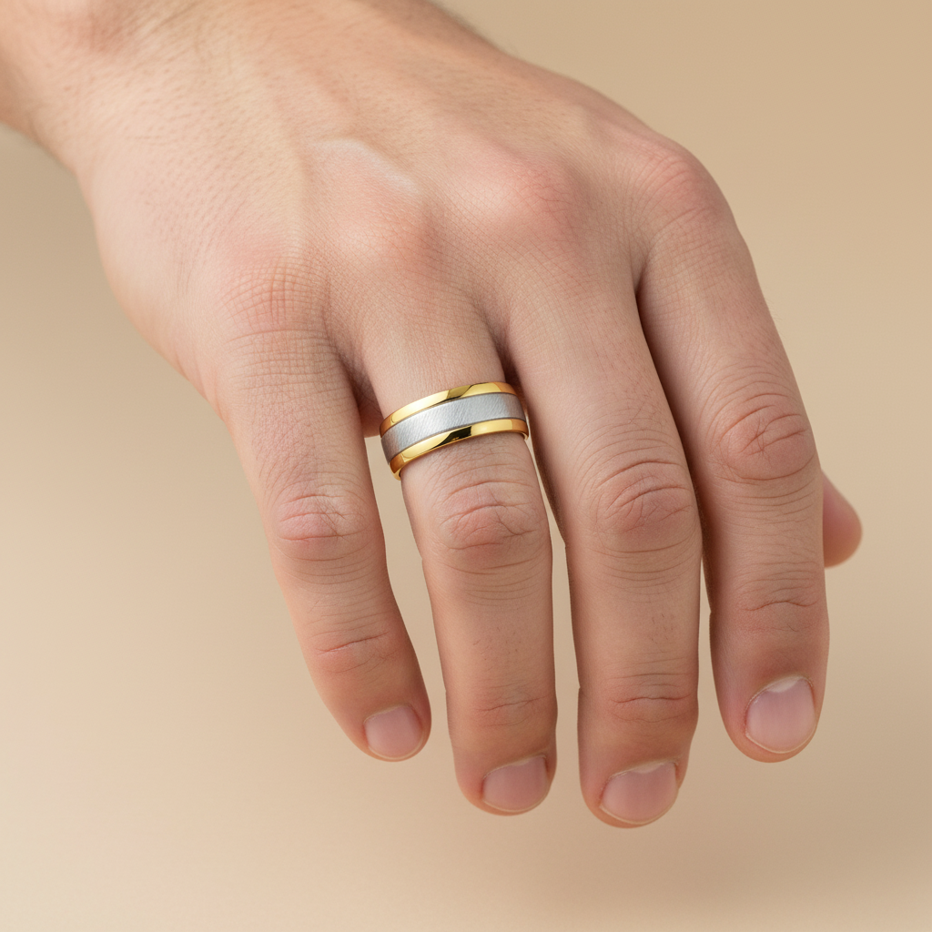 9ct Yellow Gold and Silver 925 Court Shape Matt Center 7mm Wedding Ring