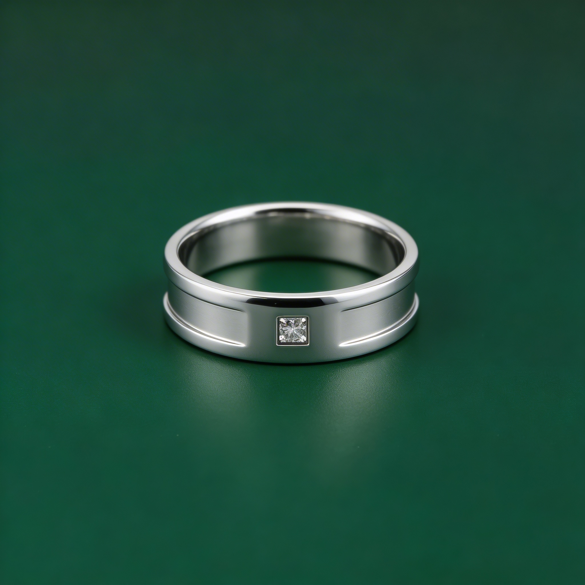 Palladium 950 Flat Court 0.02 Carat Diamond Set in Square Setting with Two Grooves 6mm Wedding Ring
