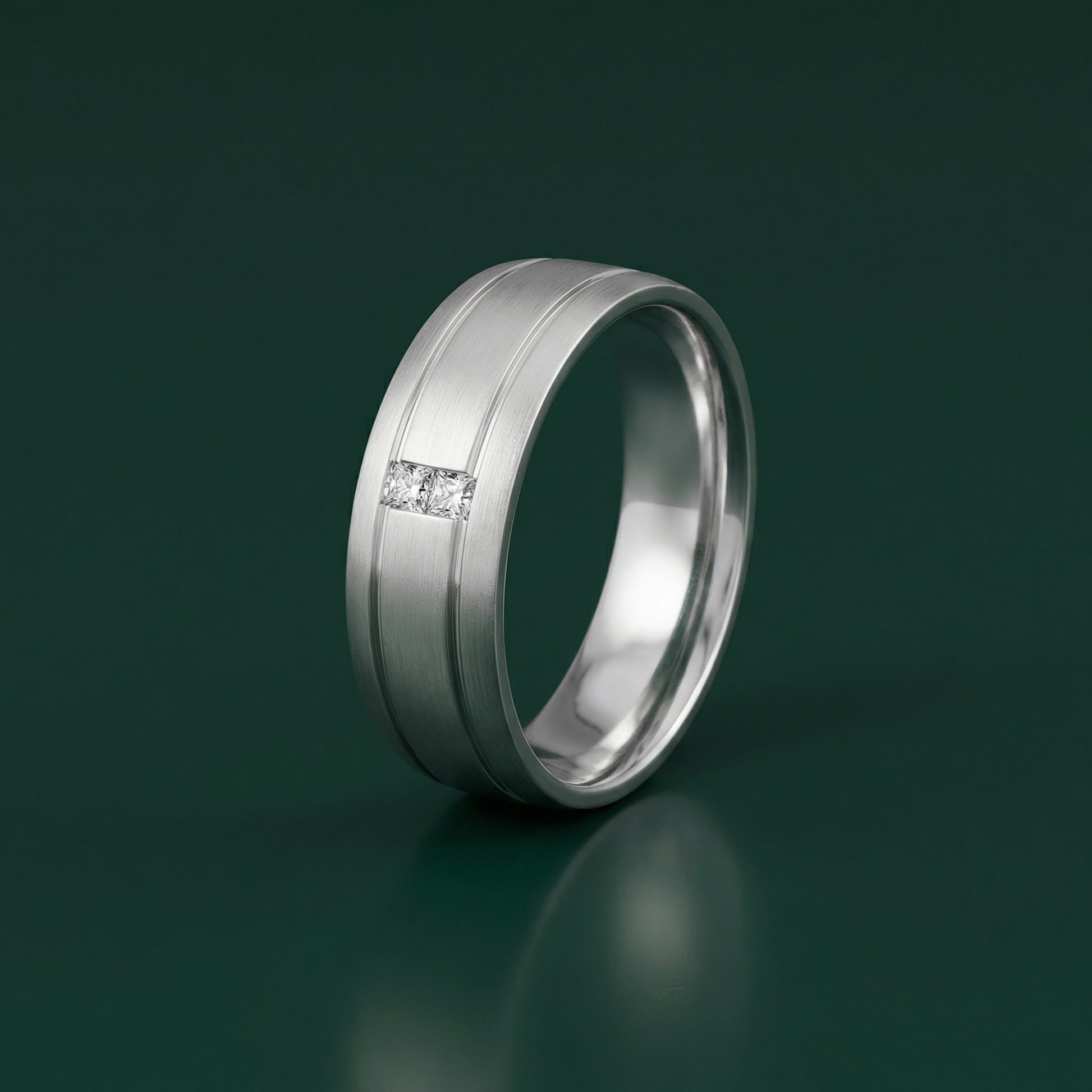 Palladium 950 Court Shape 0.06ct Princess Cut Two Diamond Rub Over Set 6mm Ring