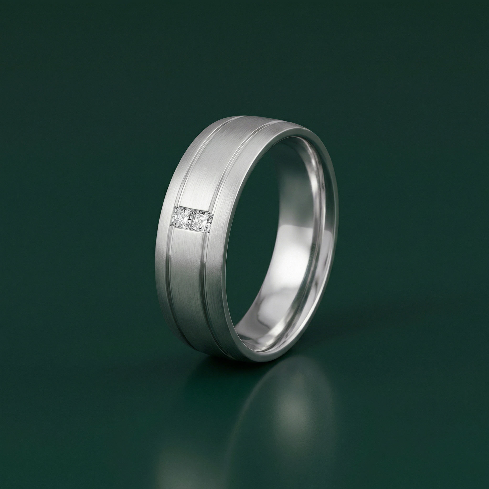 Palladium 950 Court Shape 0.06ct Princess Cut Two Diamond Rub Over Set 6mm Ring