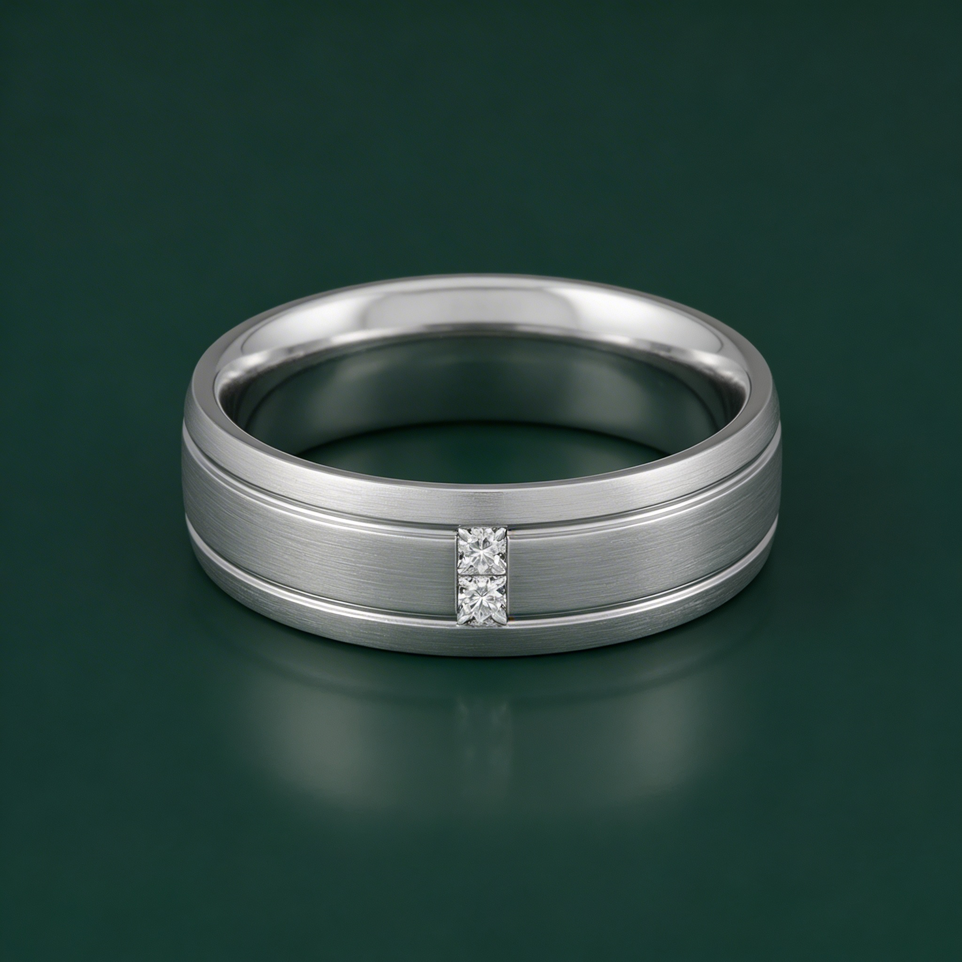 Palladium 950 Court Shape 0.06ct Princess Cut Two Diamond Rub Over Set 6mm Ring