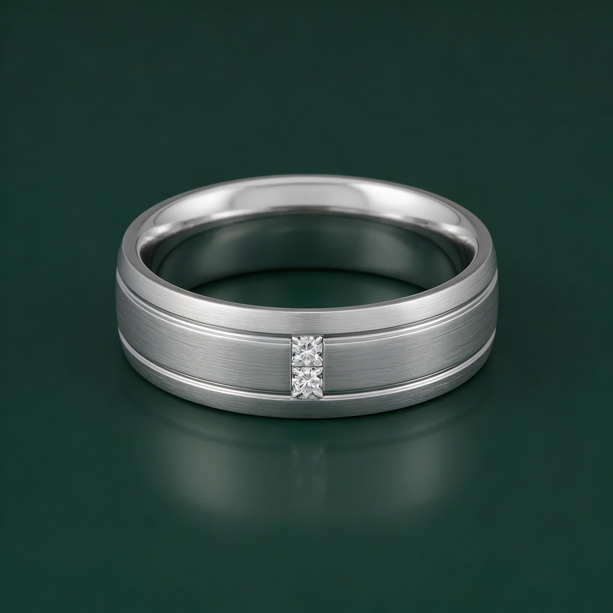 Palladium 950 Court Shape 0.06ct Princess Cut Two Diamond Rub Over Set 6mm Ring
