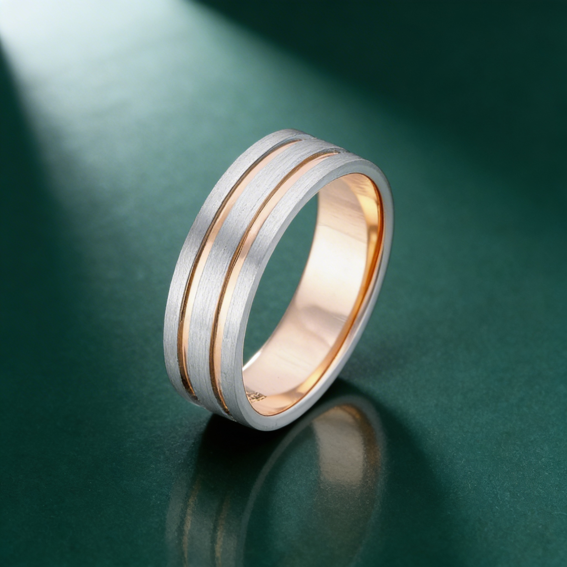 Palladium 950 Flat Court Matt with 9ct Rose Gold Polished Inlays 6mm Ring