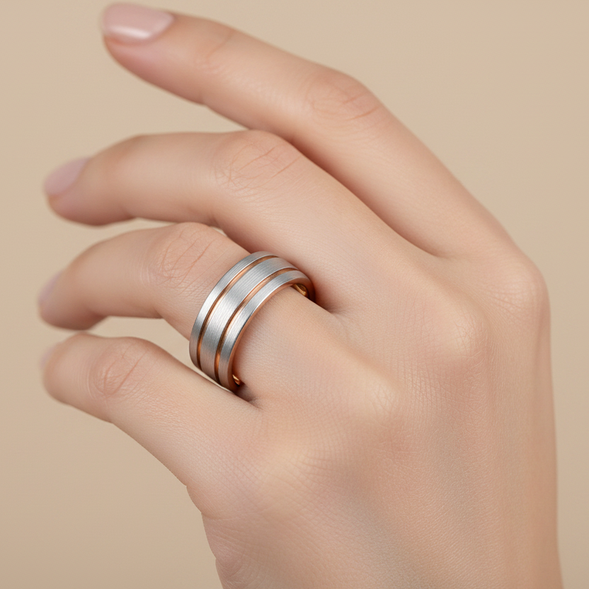 Palladium 950 Flat Court Matt with 9ct Rose Gold Polished Inlays 6mm Ring