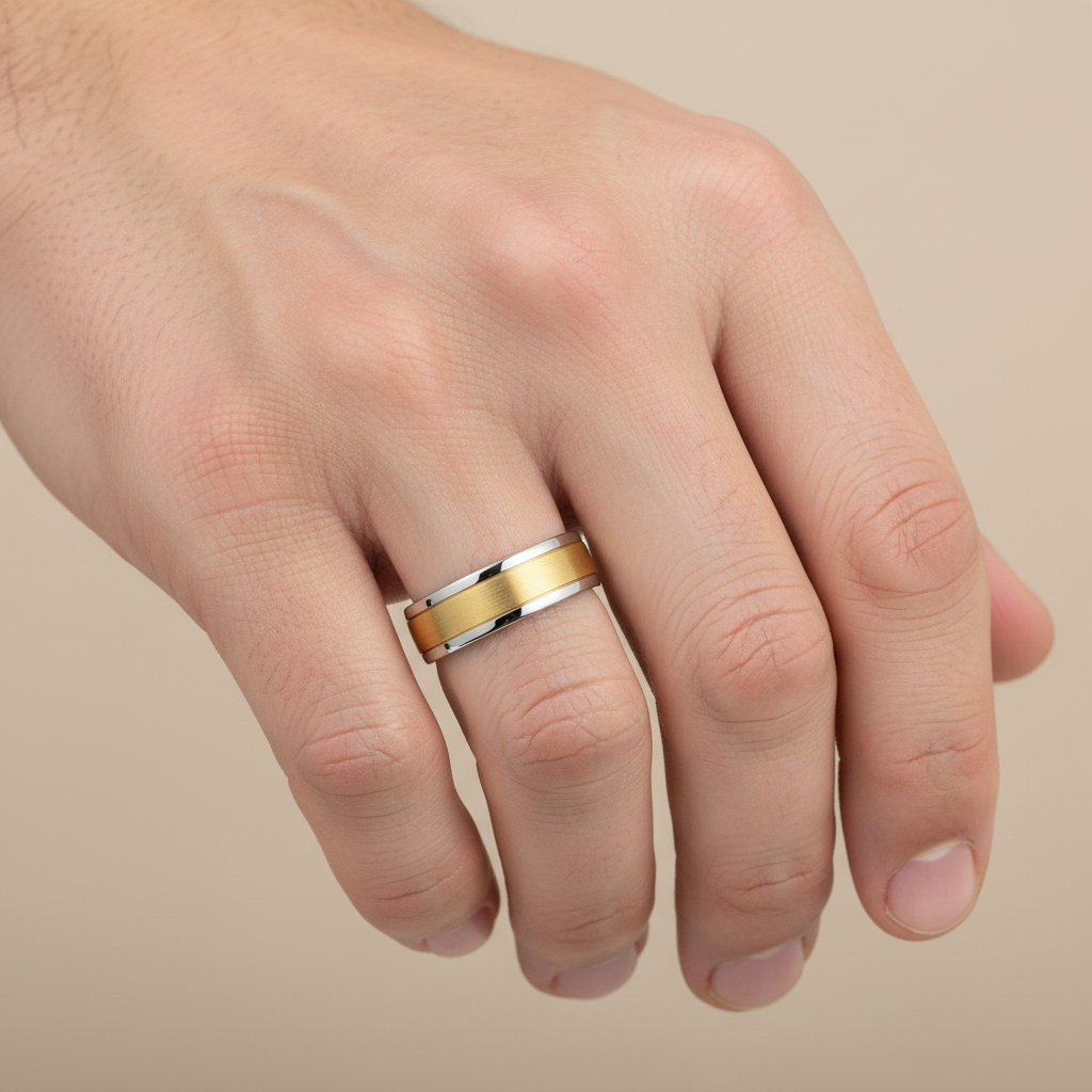 Silver 925 and 9ct Yellow Gold Court Shape Matt Center 7mm Wedding Ring