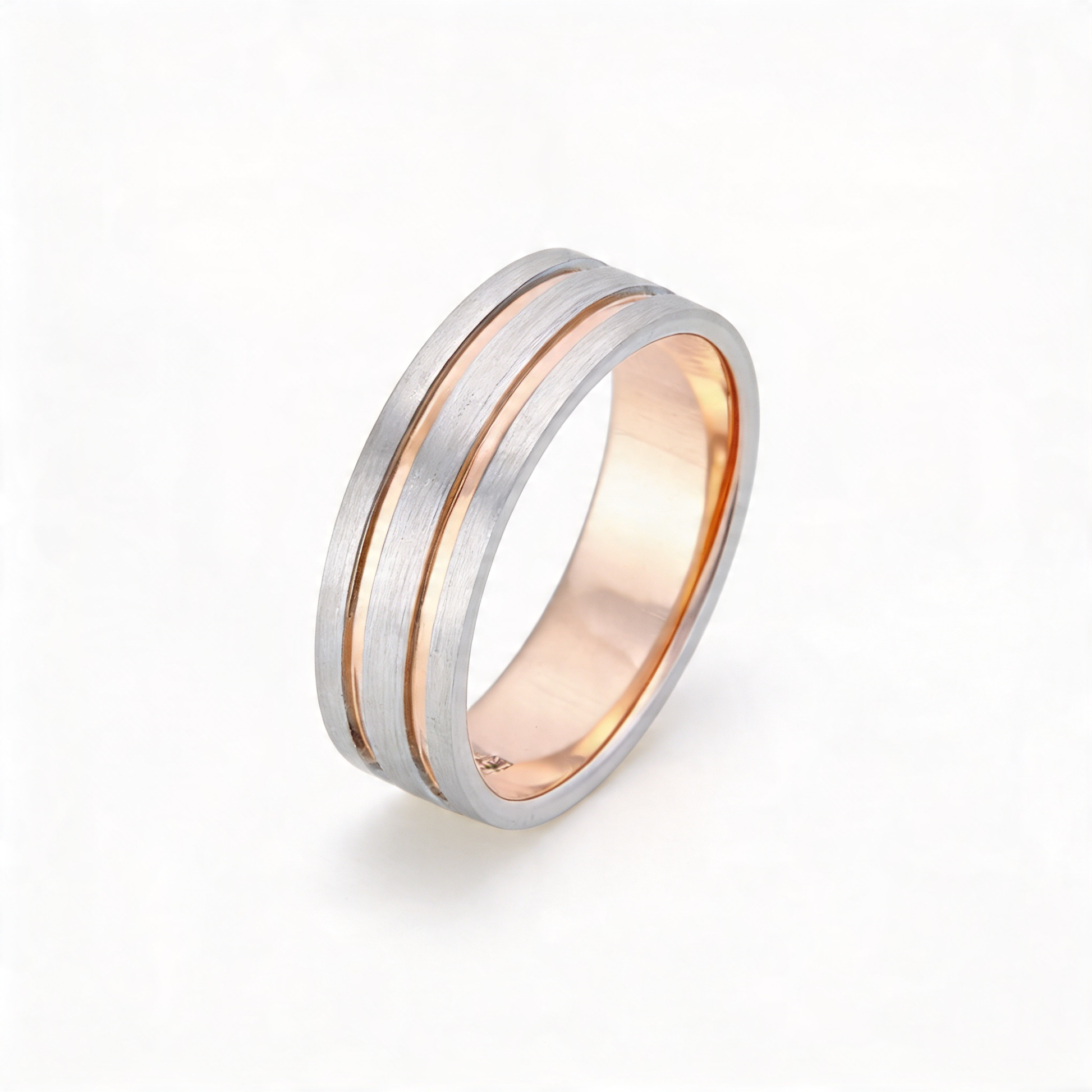 Palladium 950 Flat Court Matt with 9ct Rose Gold Polished Inlays 6mm Ring