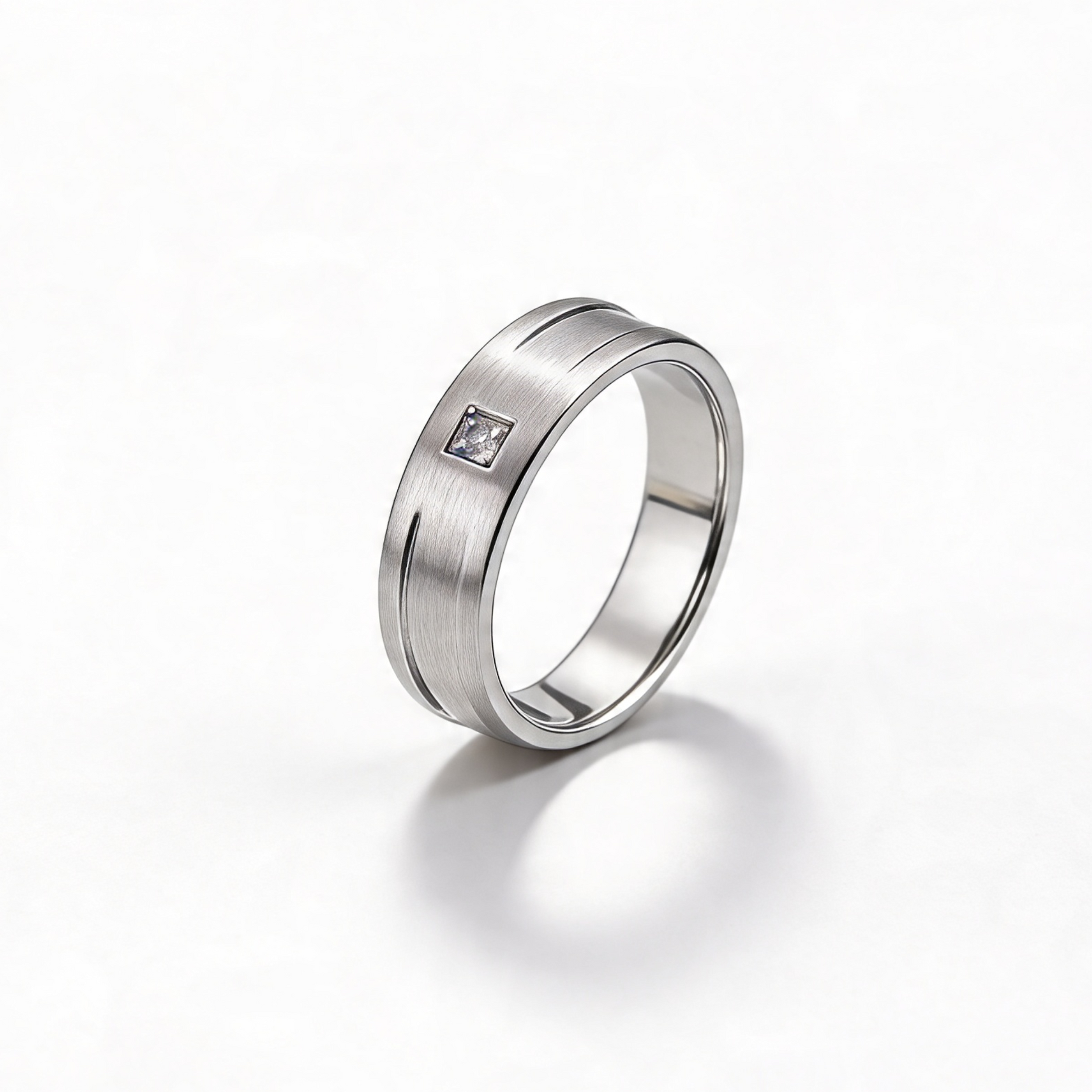 Palladium 950 Flat Court 0.02 Carat Diamond Set in Square Setting with Two Grooves 6mm Wedding Ring