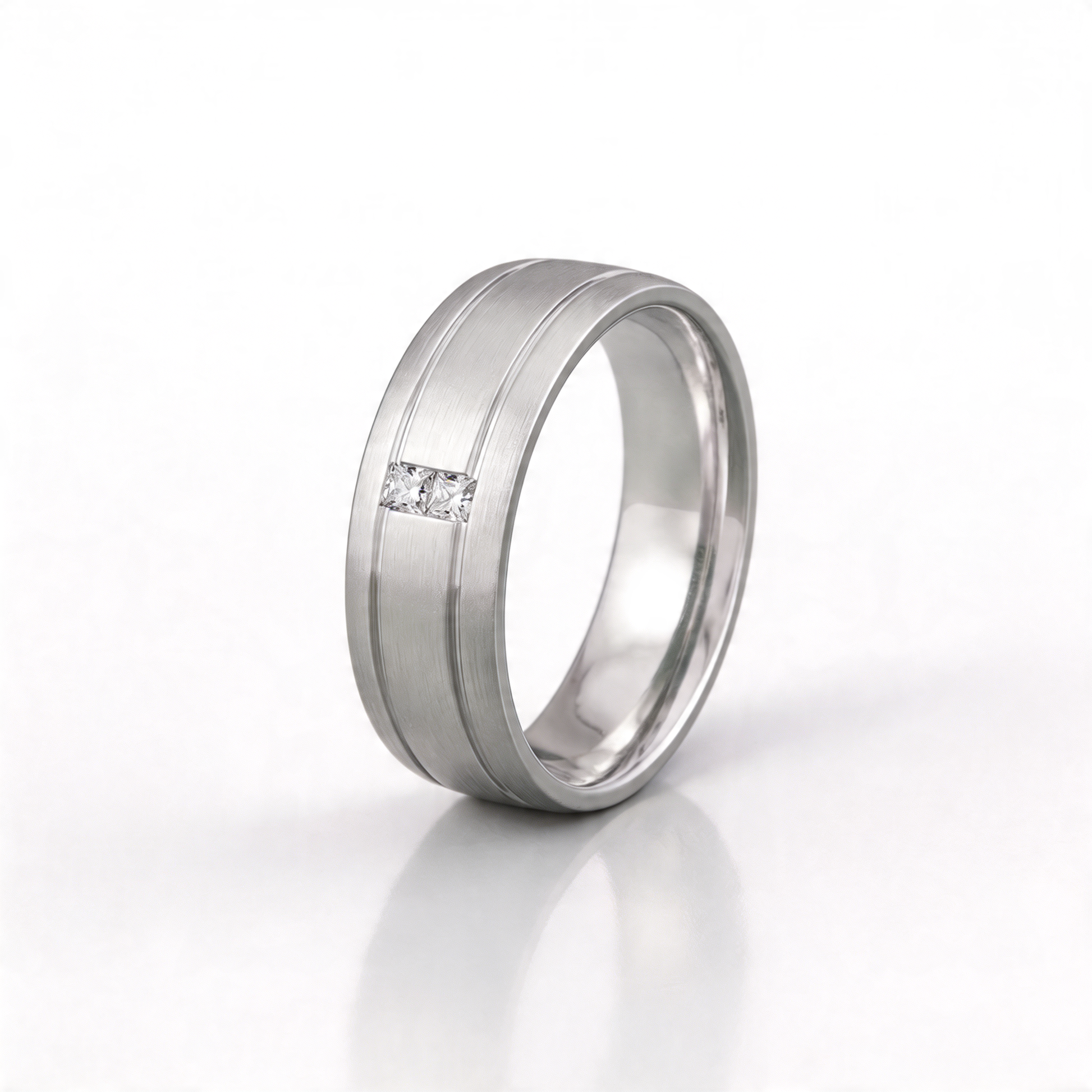 Palladium 950 Court Shape 0.06ct Princess Cut Two Diamond Rub Over Set 6mm Ring