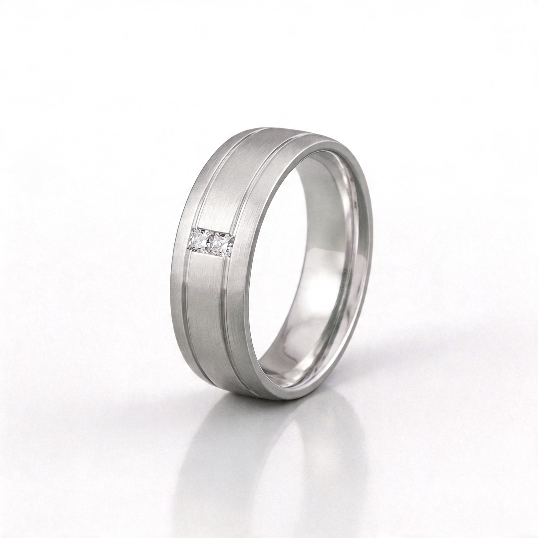 Palladium 950 Court Shape 0.06ct Princess Cut Two Diamond Rub Over Set 6mm Ring