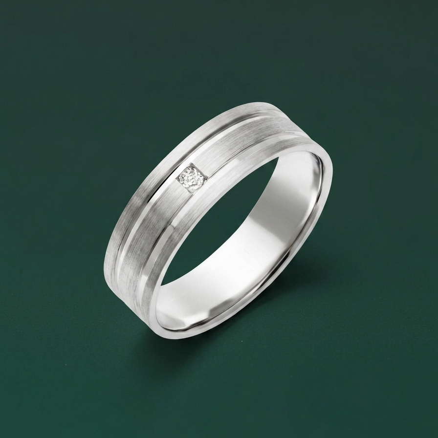 9ct White Gold 0.05 carat Diamond Matt with Polished Grooves 6mm Ring