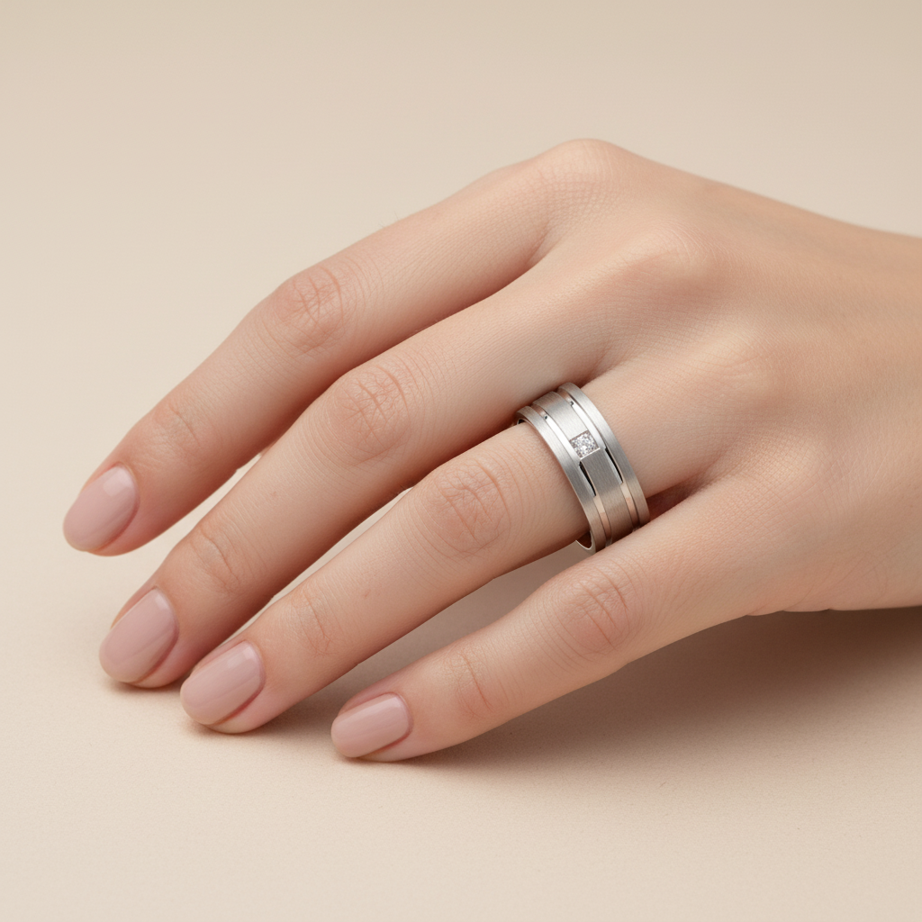 9ct White Gold 0.05 carat Diamond Matt with Polished Grooves 6mm Ring