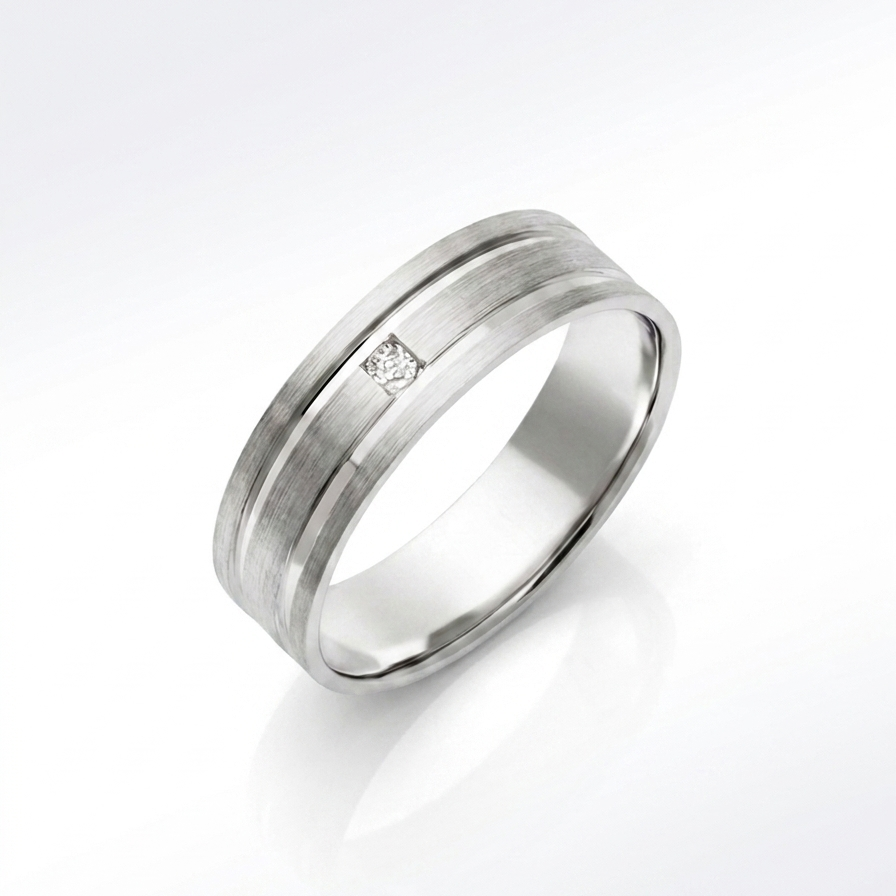 9ct White Gold 0.05 carat Diamond Matt with Polished Grooves 6mm Ring