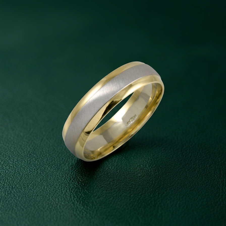 9ct White & Yellow Gold Court Shape Matt Center 6mm Wedding Ring