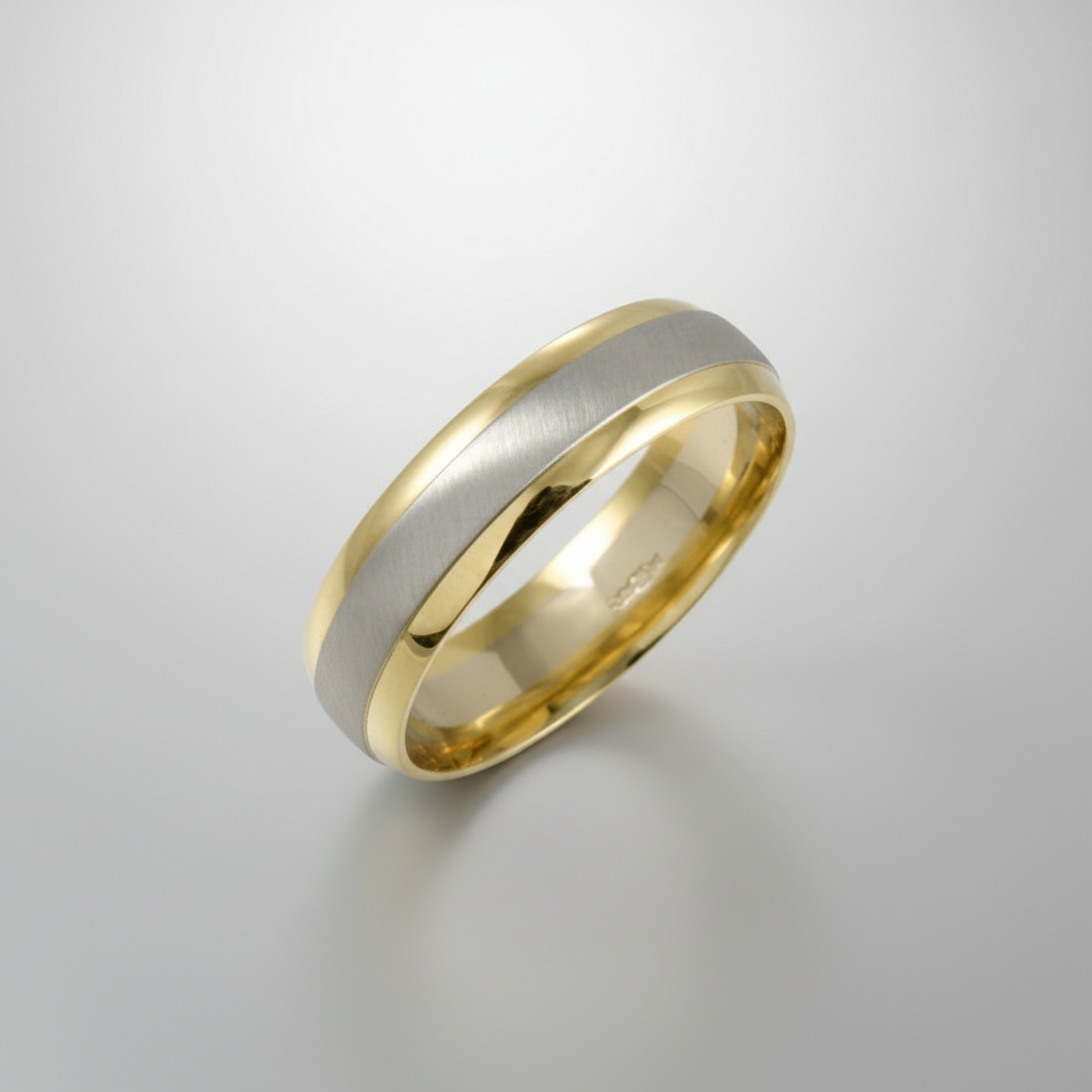 9ct White & Yellow Gold Court Shape Matt Center 6mm Wedding Ring