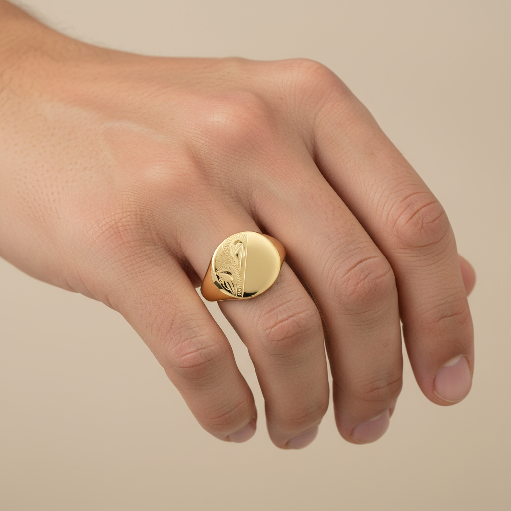 Gents Cushion-Shaped 9ct Yellow Gold Light Weight Engraved Signet Ring