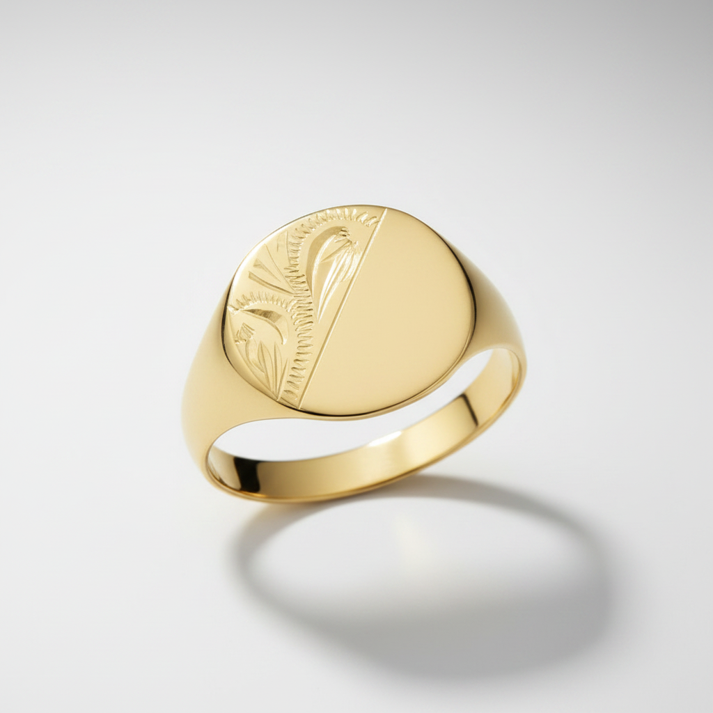 Gents Cushion-Shaped 9ct Yellow Gold Light Weight Engraved Signet Ring