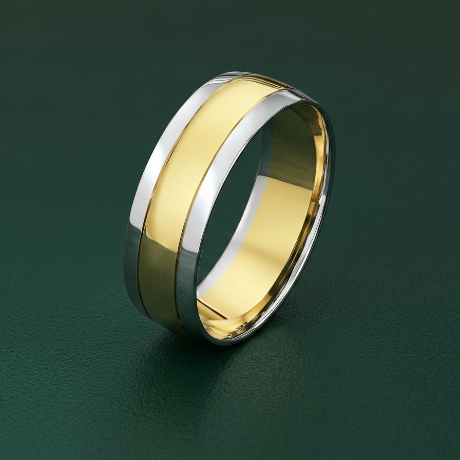 9ct White & Yellow Gold Court Shape Grooved 7mm Wedding Ring