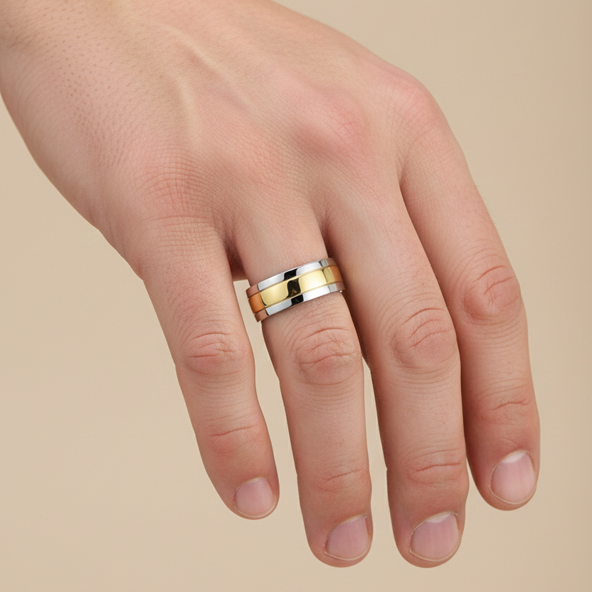 9ct White & Yellow Gold Court Shape Grooved 7mm Wedding Ring