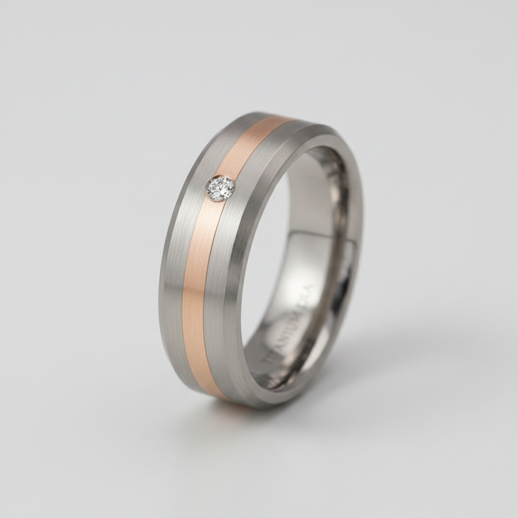 Titanium and 9ct Rose Gold Diamond Matt 7mm Ring