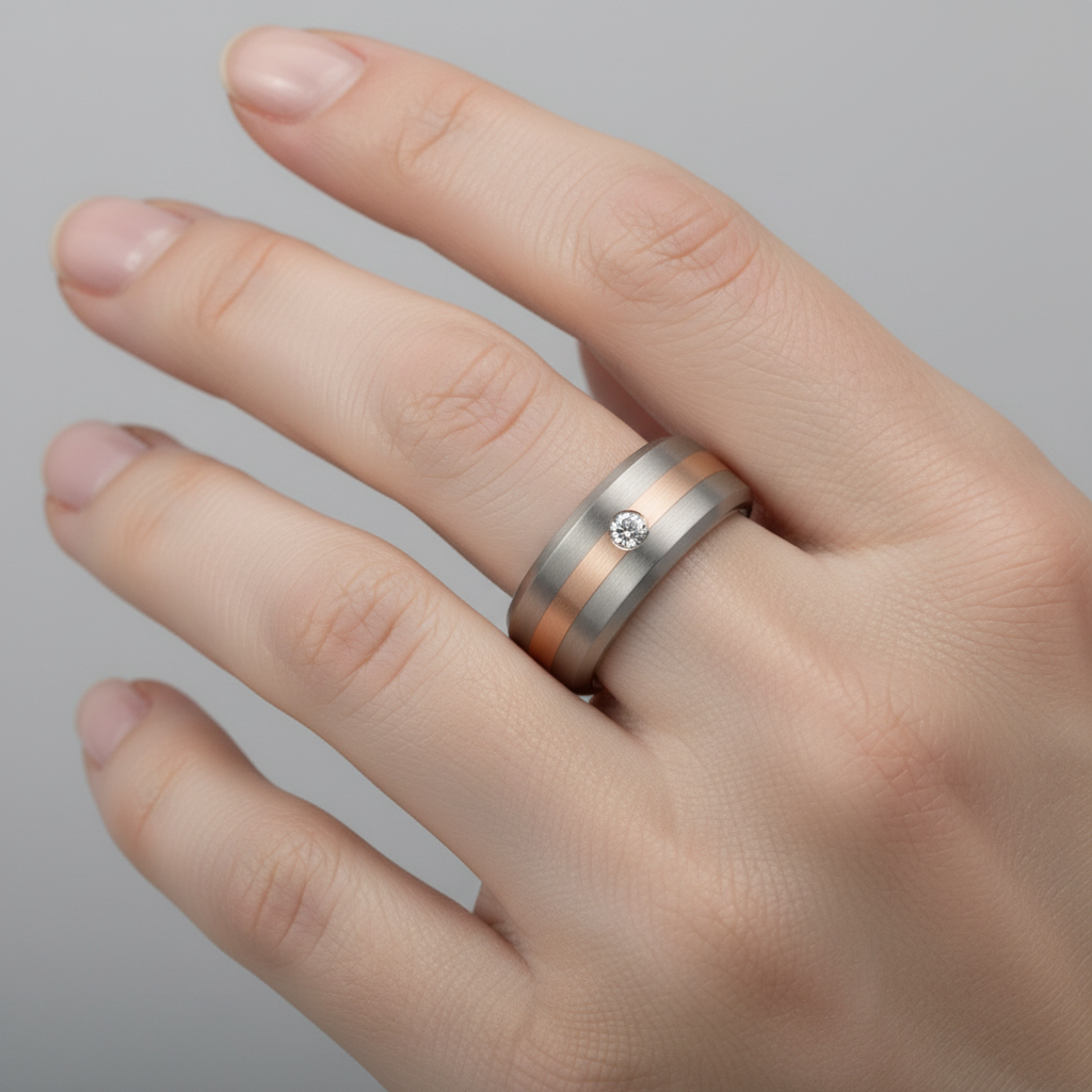 Titanium and 9ct Rose Gold Diamond Matt 7mm Ring