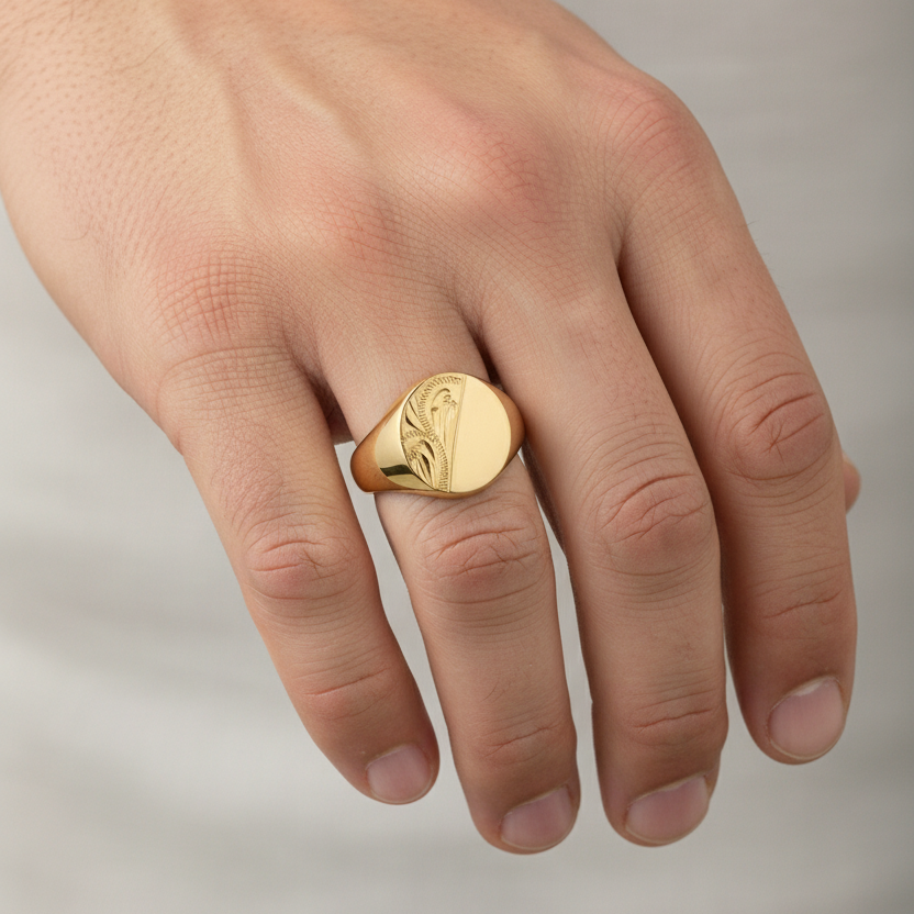 Gents Oval-Shaped 9ct Yellow Gold Medium Weight Engraved Signet Ring