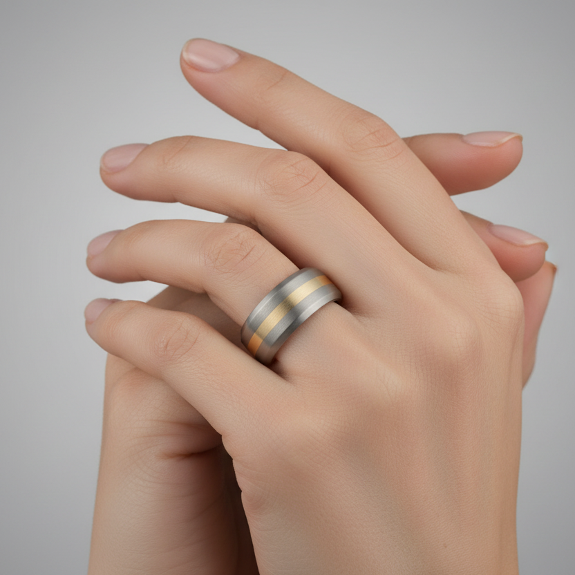 Titanium and Silver Inlay Flat Court Shape Matt Center 7mm Ring