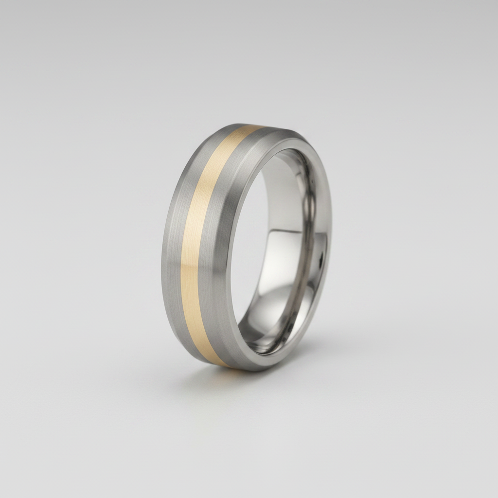 Titanium and Silver Inlay Flat Court Shape Matt Center 7mm Ring