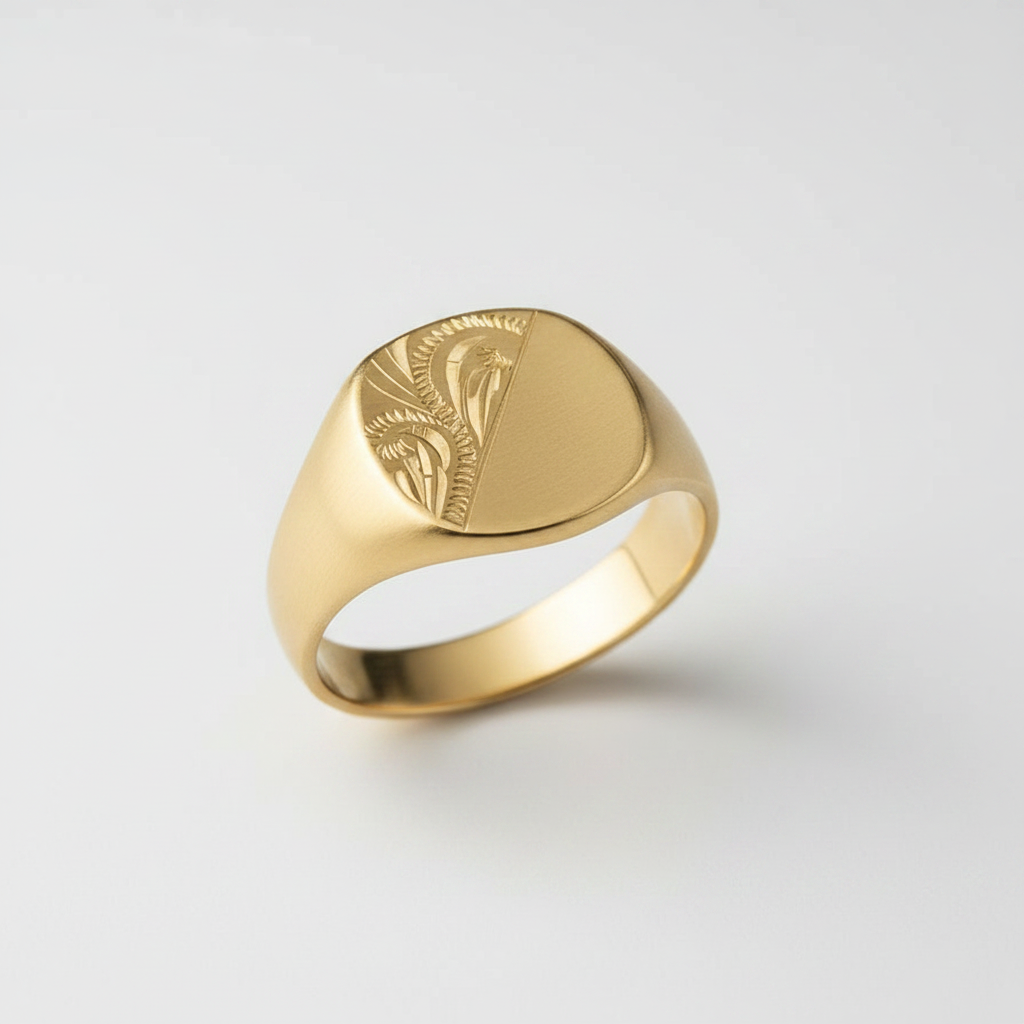 Gents Cushion-Shaped 9ct Yellow Gold Heavy Weight Engraved Signet Ring