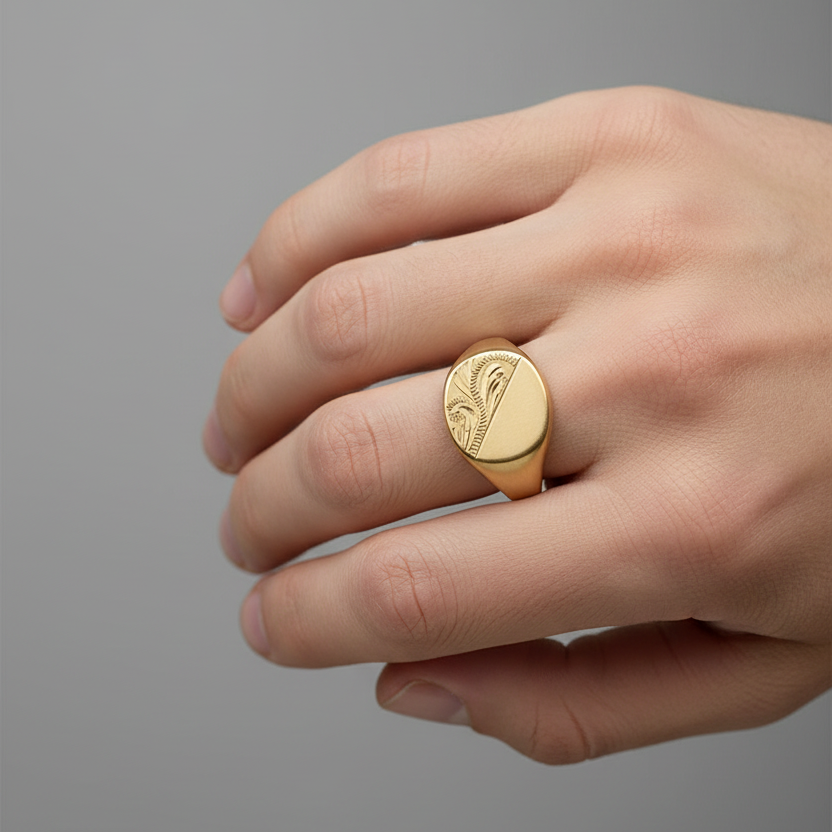 Gents Cushion-Shaped 9ct Yellow Gold Heavy Weight Engraved Signet Ring