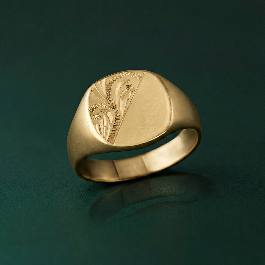 Gents Cushion-Shaped 9ct Yellow Gold Extra-Heavy Weight Engraved Signet Ring