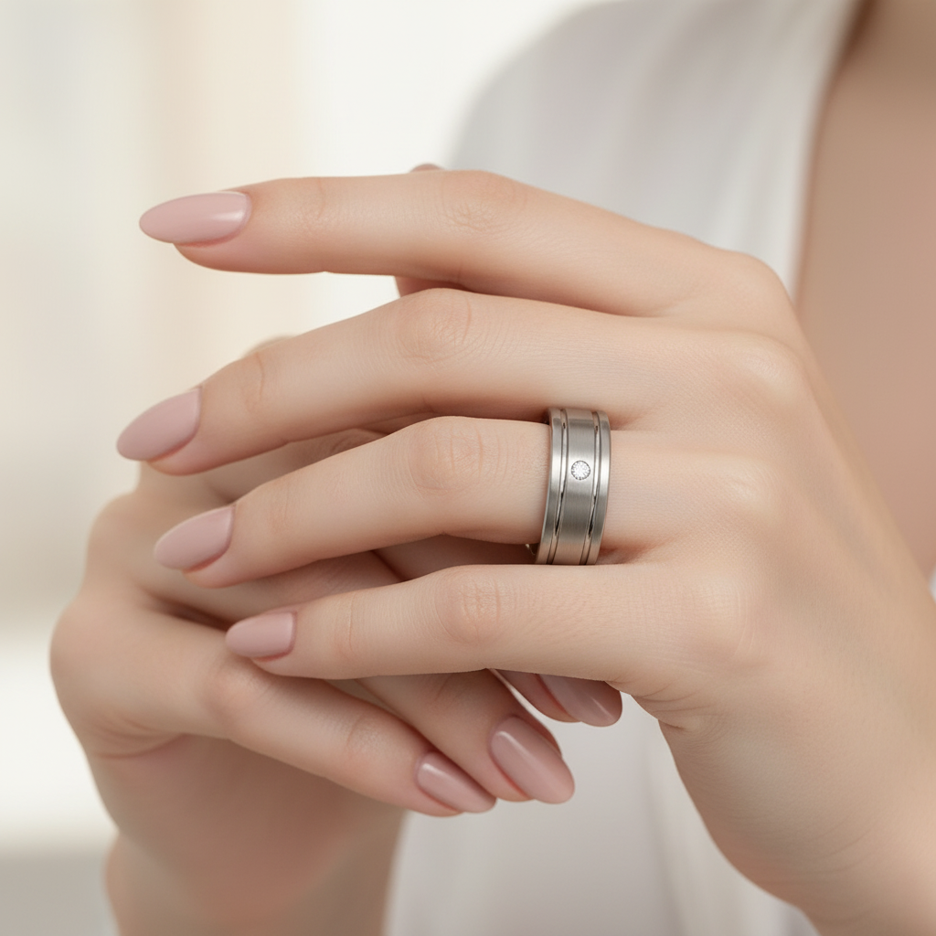 Titanium Flat Court Matt with Two Grooves Diamond 7mm Ring