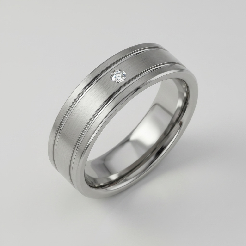Titanium Flat Court Matt with Two Grooves Diamond 7mm Ring