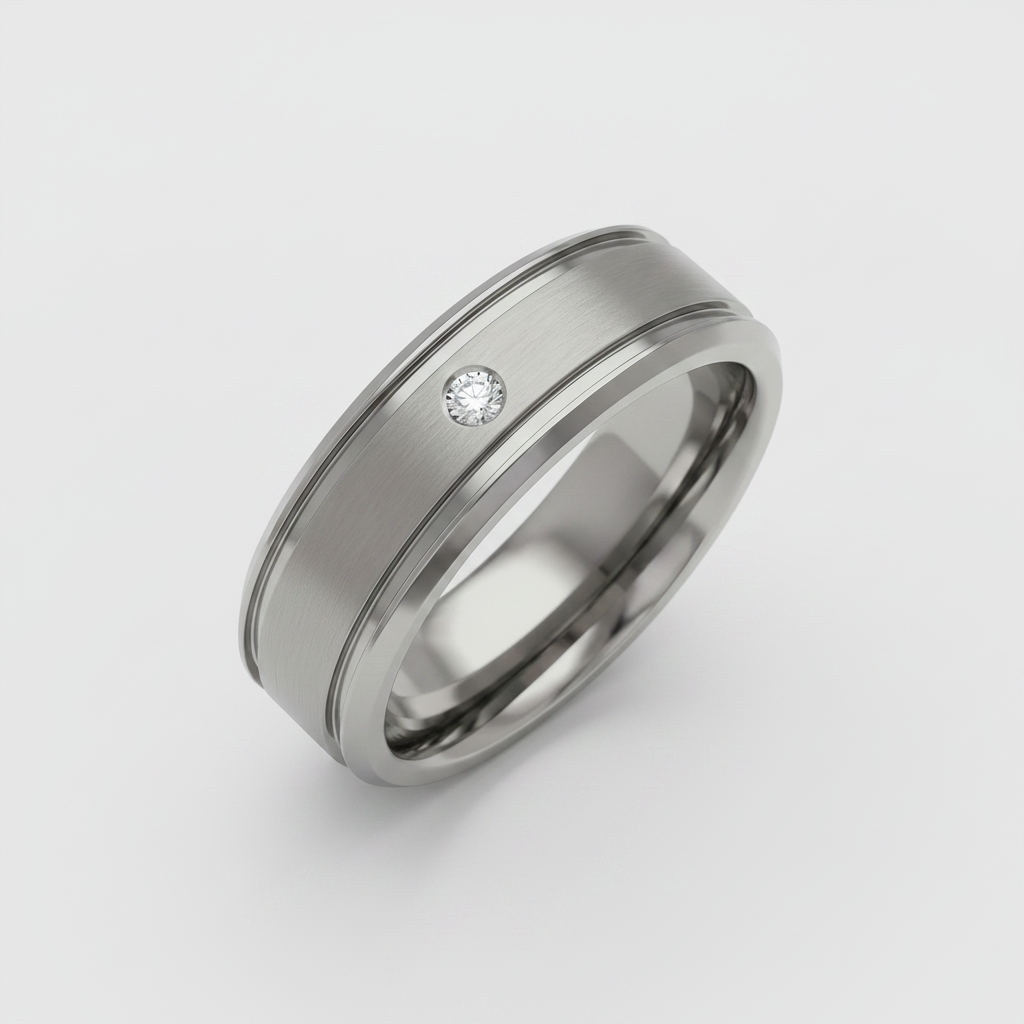 Titanium Matt with Two Grooves  Diamond 7mm Ring