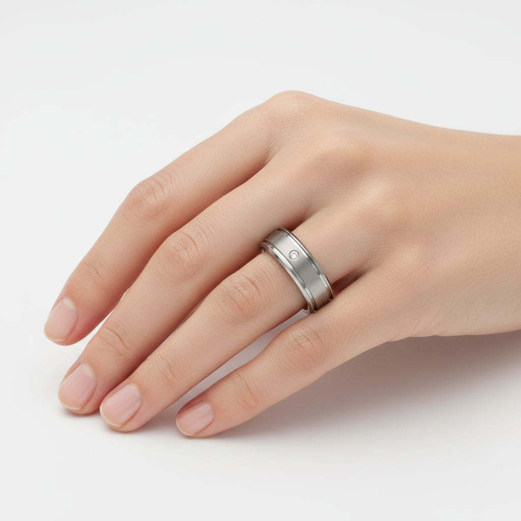 Titanium Matt with Two Grooves  Diamond 7mm Ring