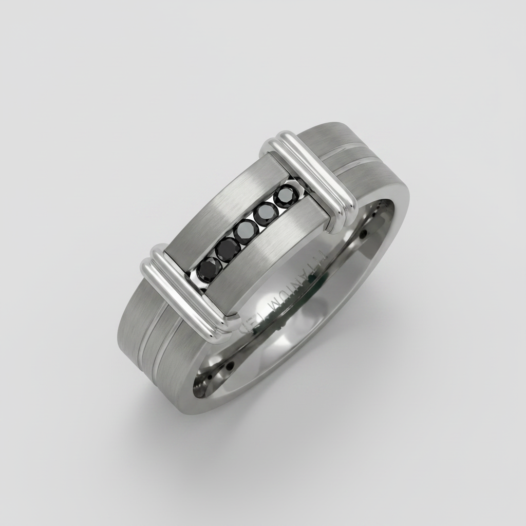 Titanium Matt with Grooves 0.15ct Black Diamond 7mm Ring