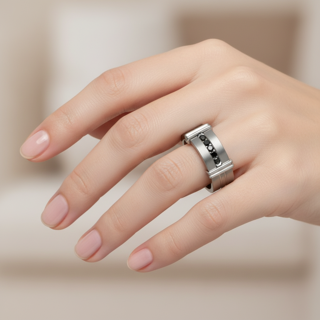 Titanium Matt with Grooves 0.15ct Black Diamond 7mm Ring