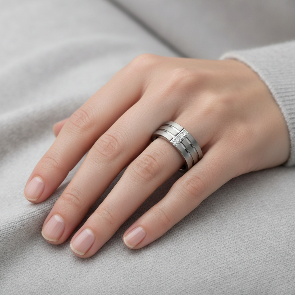 Titanium with Grooves 0.1ct Diamonds Vertically 8mm Ring