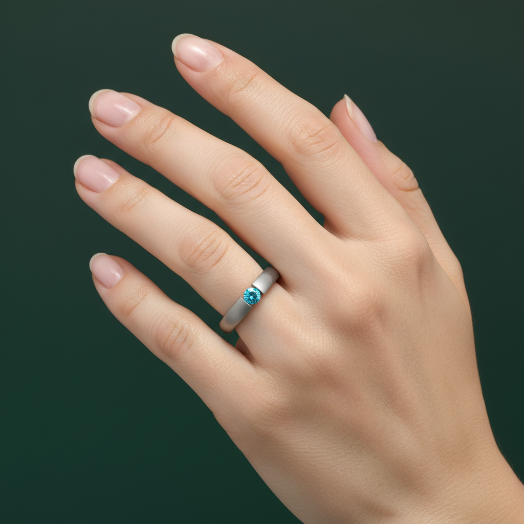 Titanium Court Shape Matt Blue Topaz Tension Set 4.5mm Ring