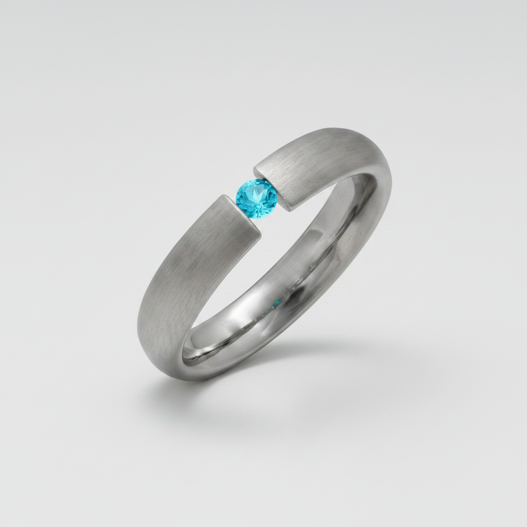 Titanium Court Shape Matt Blue Topaz Tension Set 4.5mm Ring