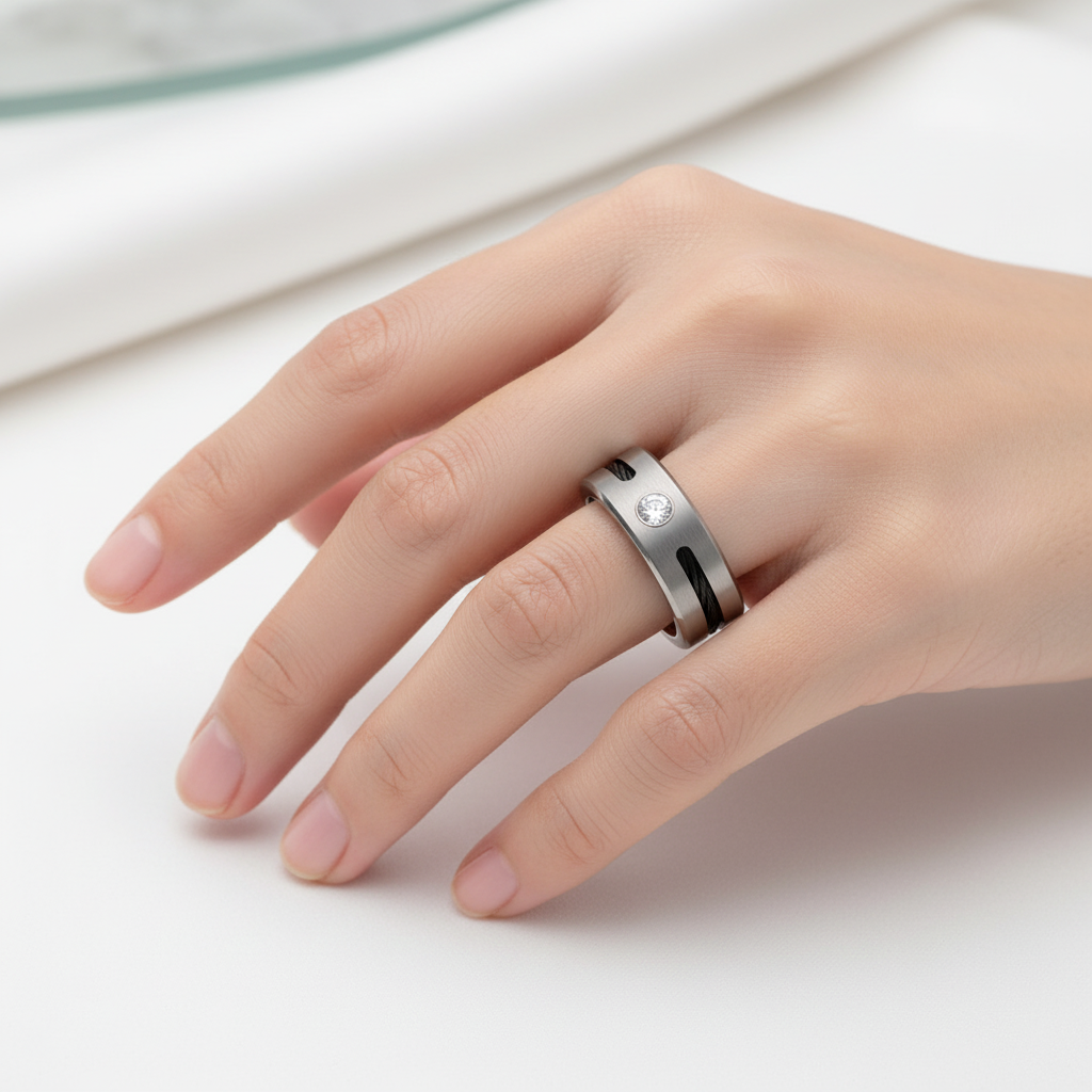 Titanium Flat Court Shape Matt CZ with a Rope 6mm Ring
