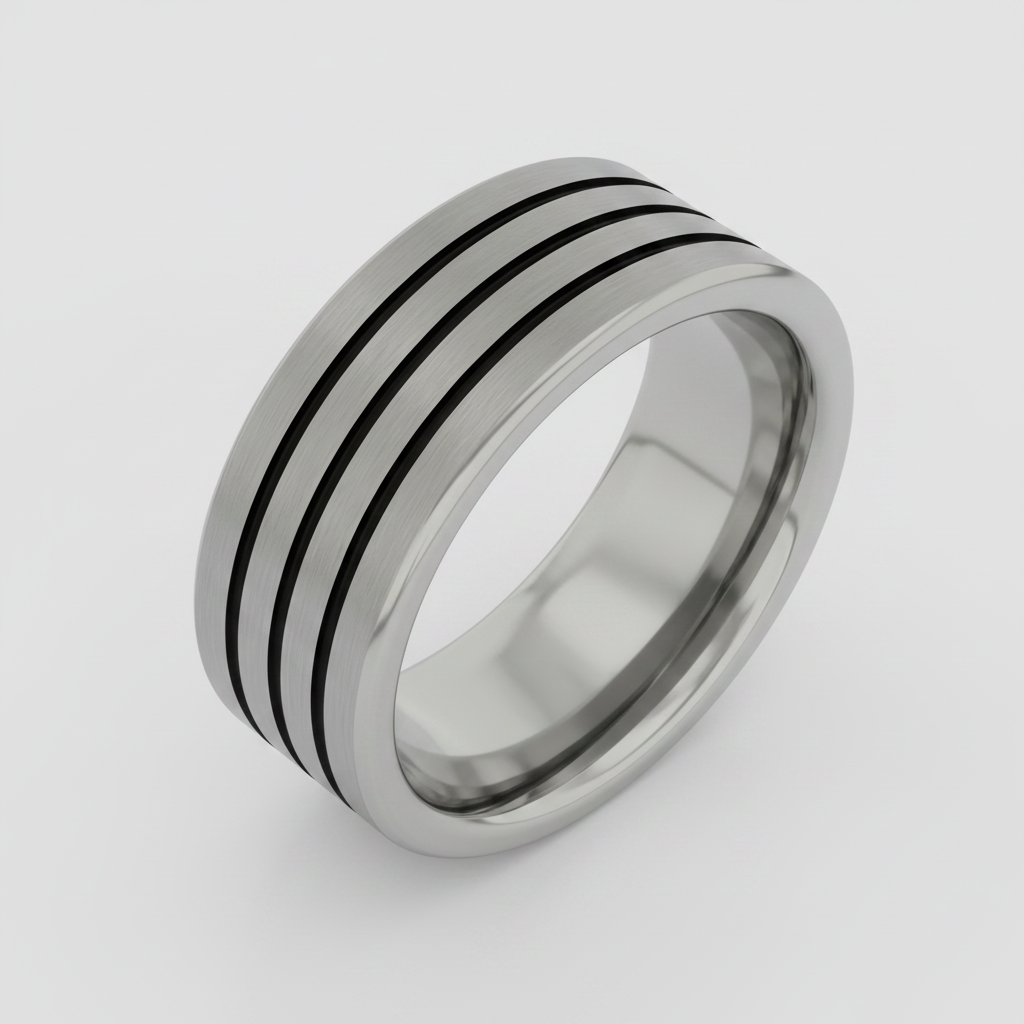 Titanium Flat Court Shape Matt with Three Black Grooves 8mm Ring