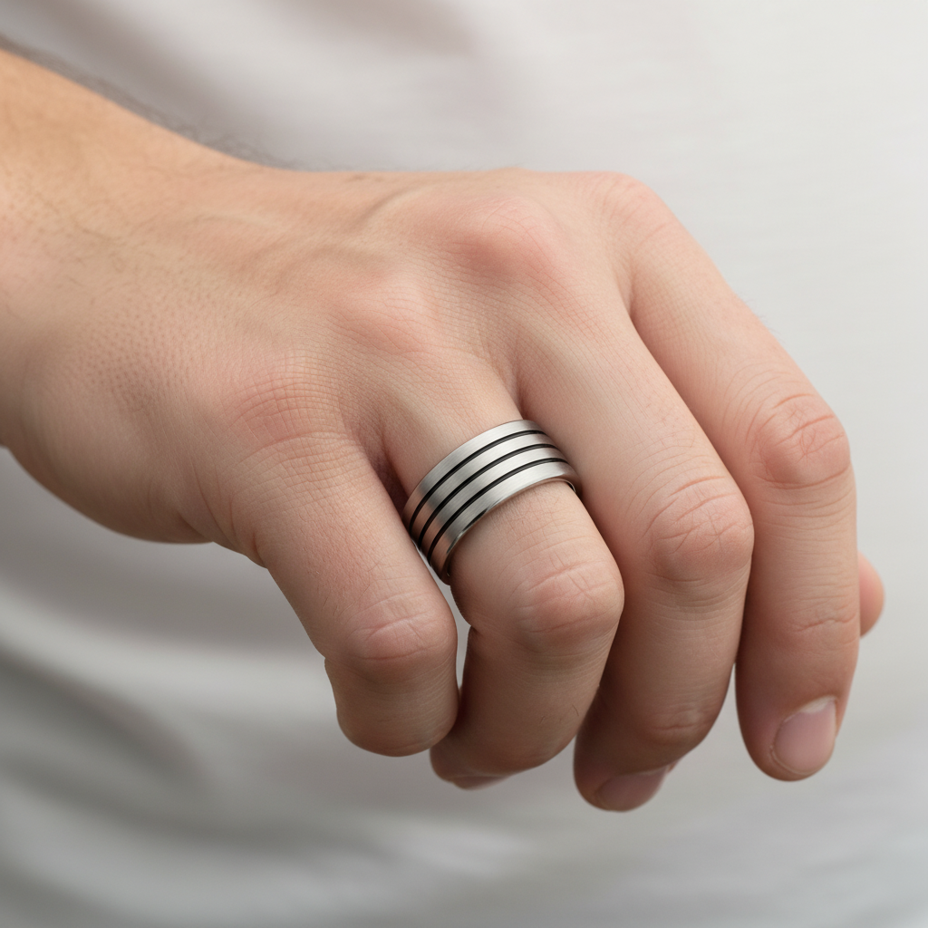 Titanium Flat Court Shape Matt with Three Black Grooves 8mm Ring