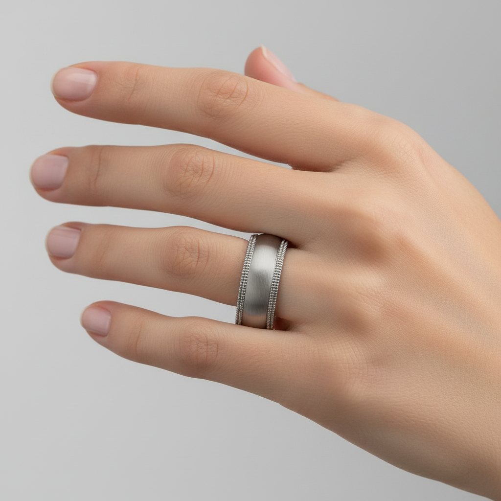 Titanium Court Shape Matt with Double Milgrain Edges 8mm Ring