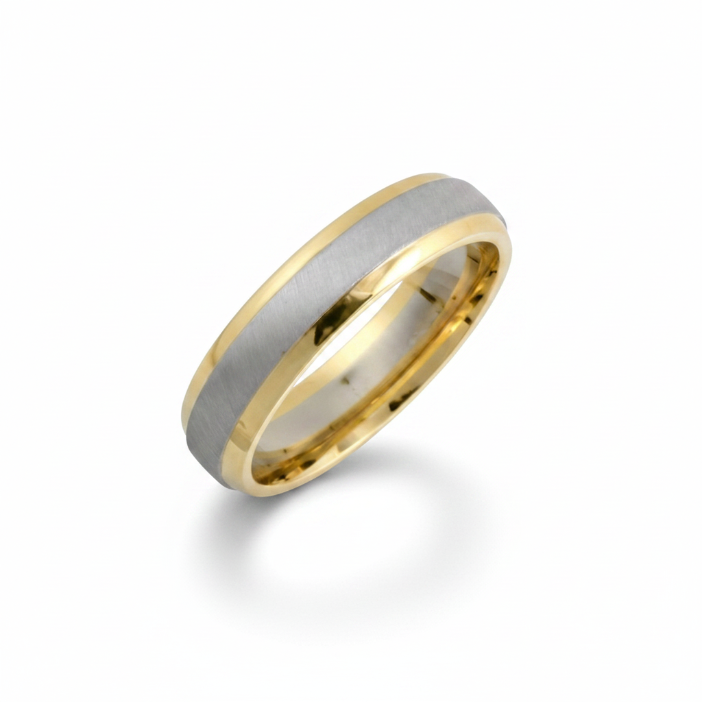 9ct White & Yellow Gold Court Shape Matt Center 5mm Wedding Ring