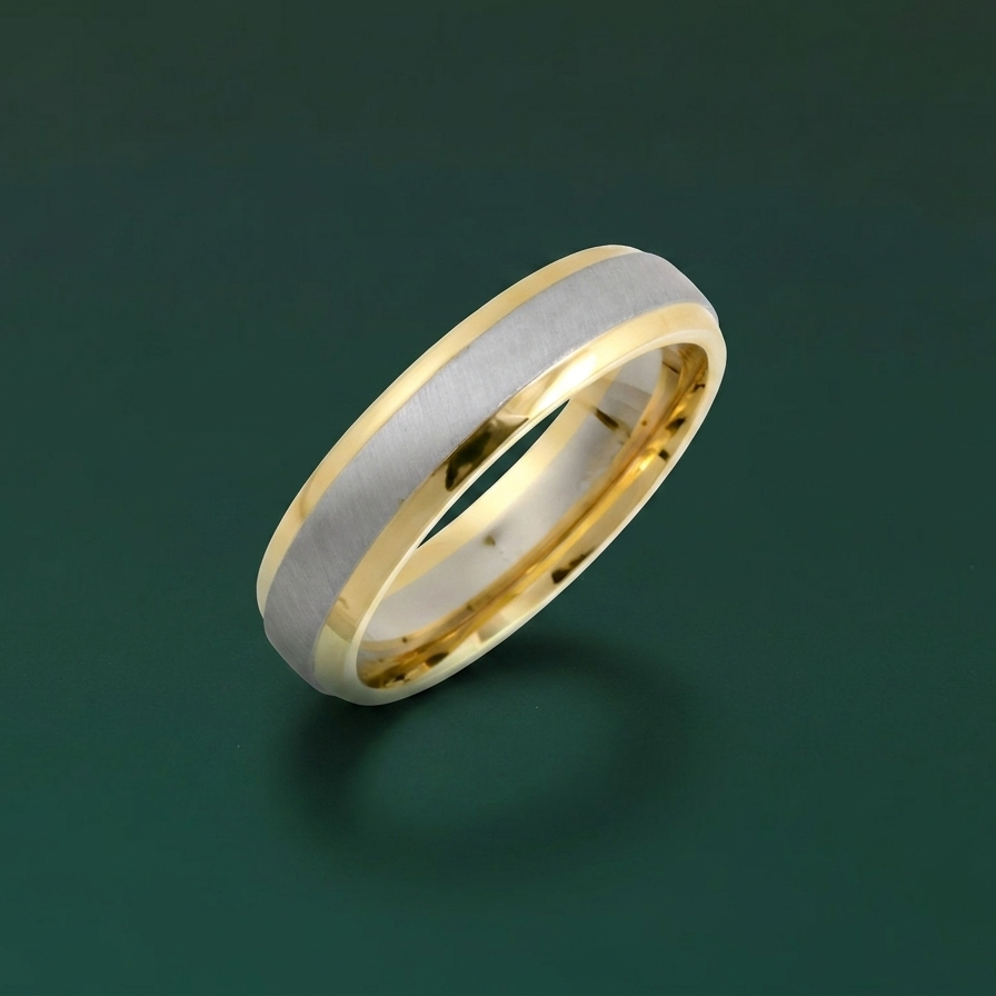 9ct White & Yellow Gold Court Shape Matt Center 5mm Wedding Ring