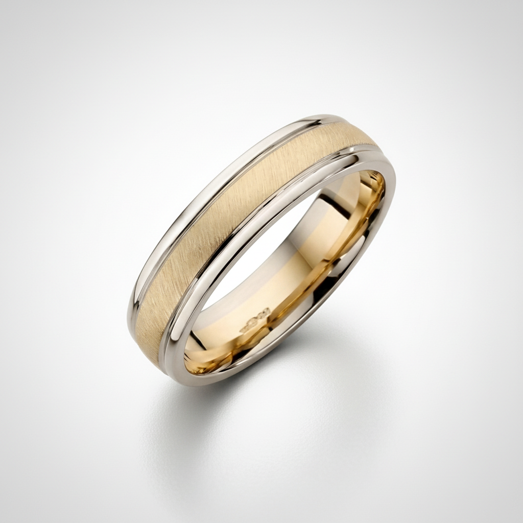 9ct White & Yellow Gold Court Shape Matt Center 5mm Wedding Ring