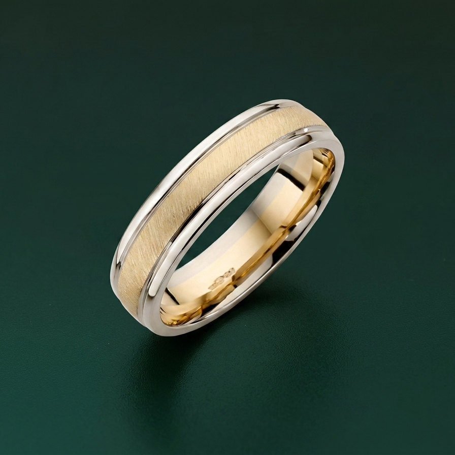 9ct White & Yellow Gold Court Shape Matt Center 5mm Wedding Ring